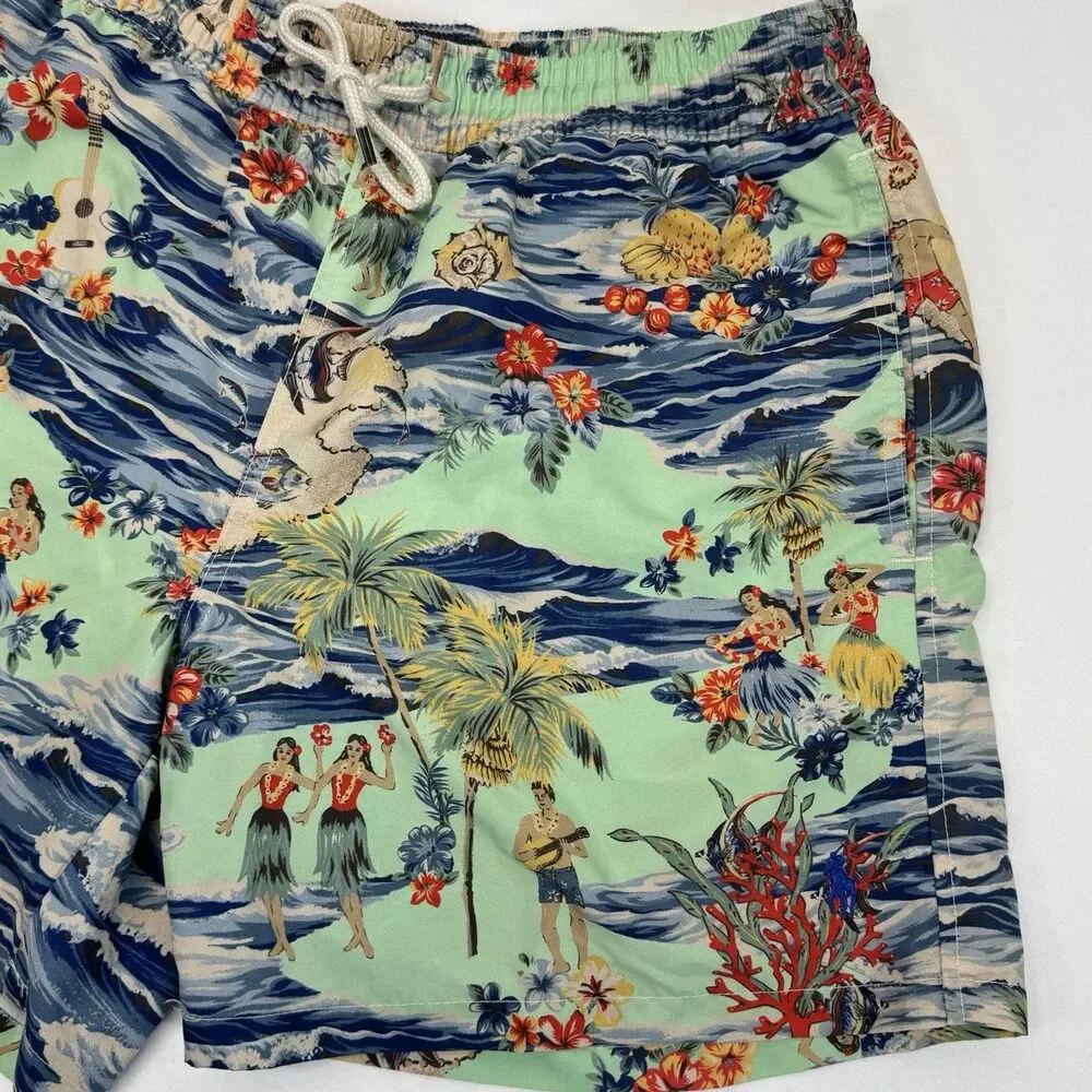 Polo Ralph Lauren Swim Trunks Sz M Green Hawaiian Floral Hulu Girl Preppy Beach